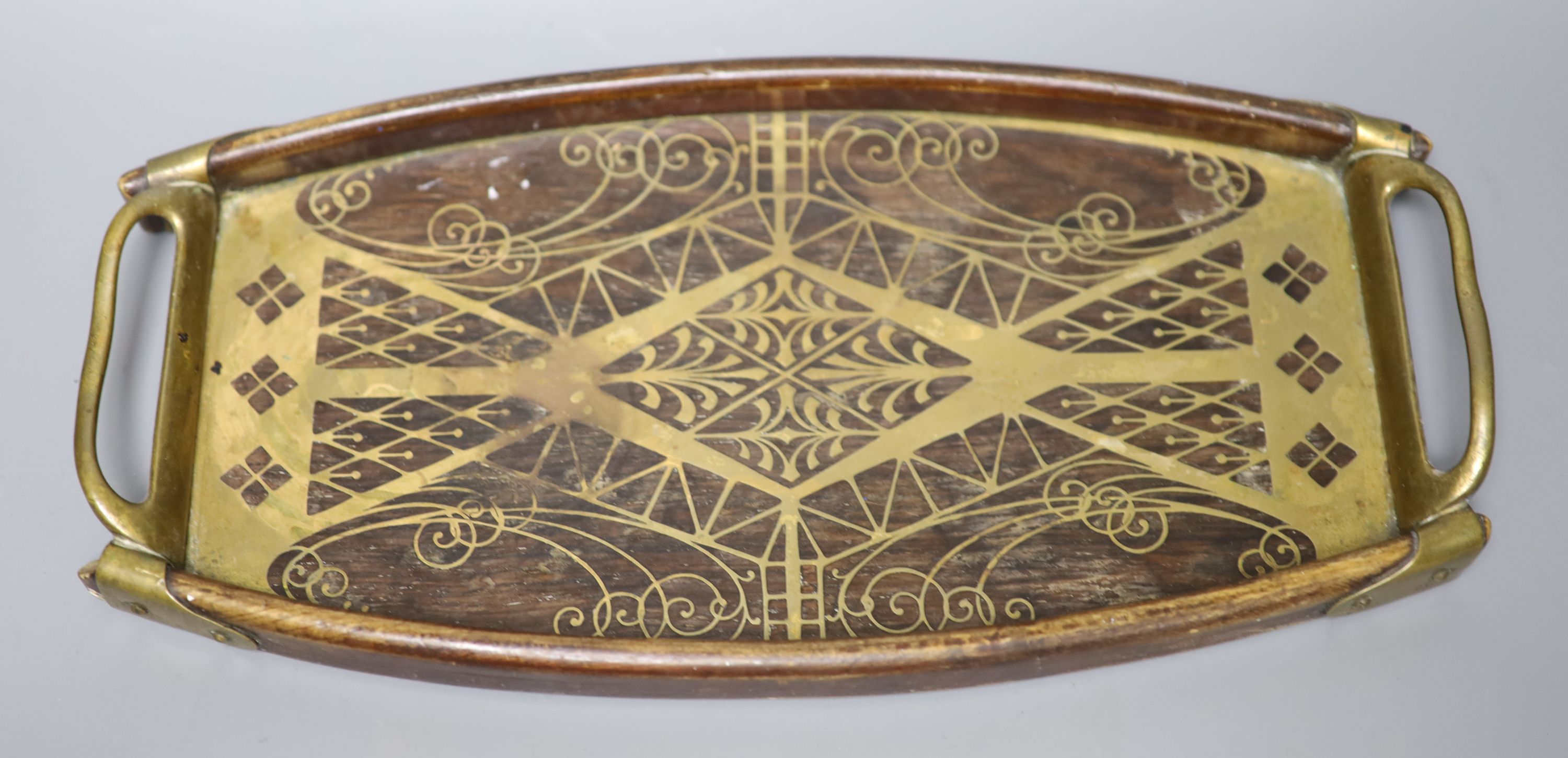 An Austrian brass inlaid tray, possibly Wiener Werkstatte, length 36cm